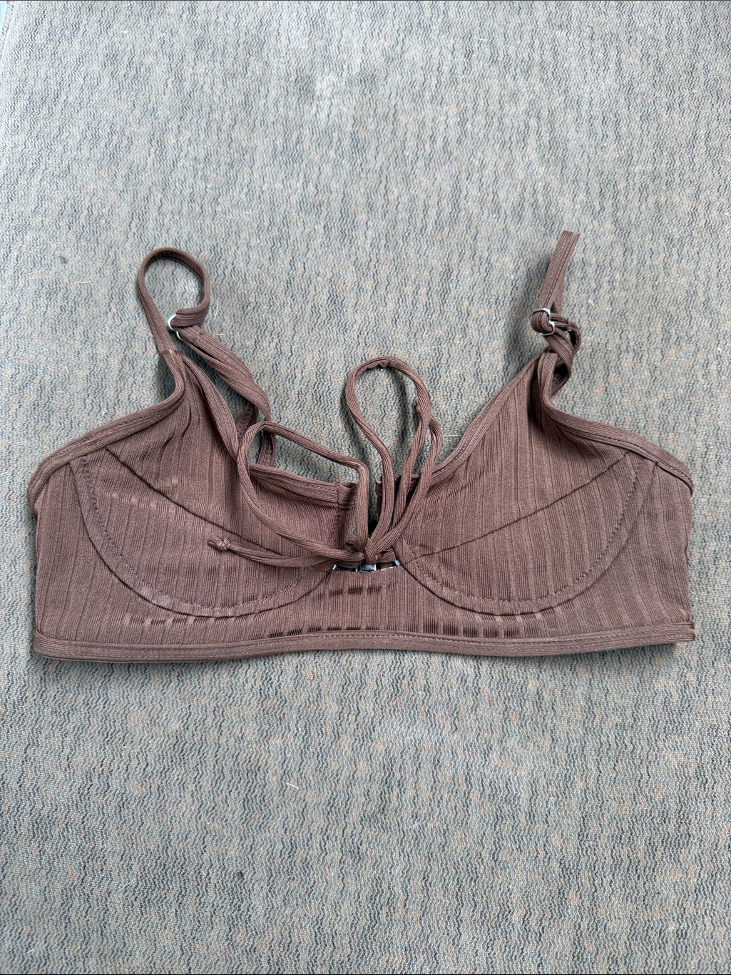 Ribbed Brown Bralette With Adjustable Straps Bikini Top